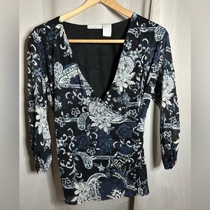 🔴 WORTHINGTON  BLACK FLORAL PRINT‎ FAUX WRAP BLOUSE Size Large